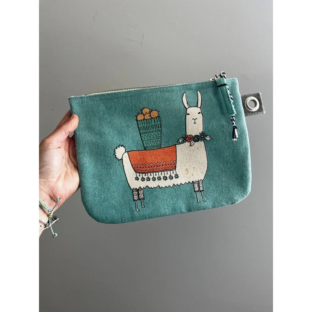 Teal Llama Canvas Cosmetic Pouch Zipper Bag Travel Alpaca Boho Chic Artisan Cute